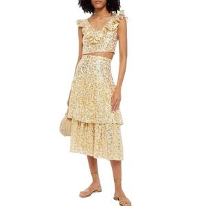 PALOMA BLUE Eden Layered Tiered Ruffled Metallic Fil Coupé Silk blend Skirt Gold